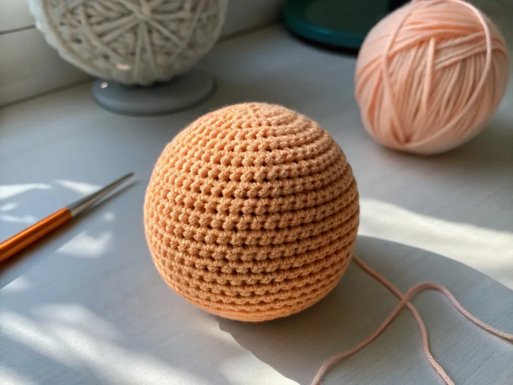 Finished beginner amigurumi ball toy next to yarn and pattern notes