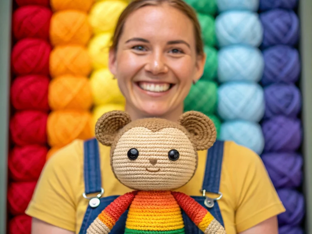 Person holding a finished amigurumi toy with yarn background