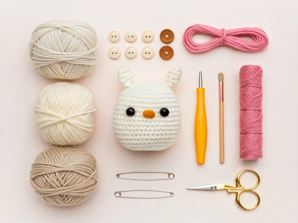 Essential amigurumi tools and materials including yarn, hooks, and stuffing
