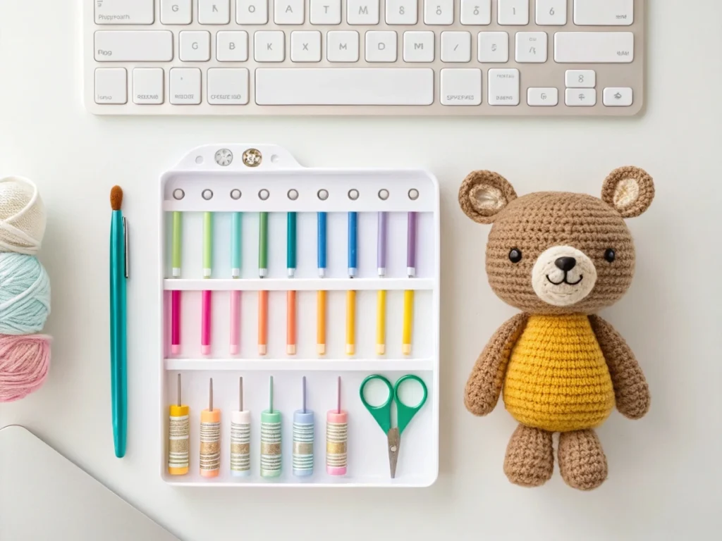 Amigurumi workspace showing pro tips like tension, shaping, and stitch tracking