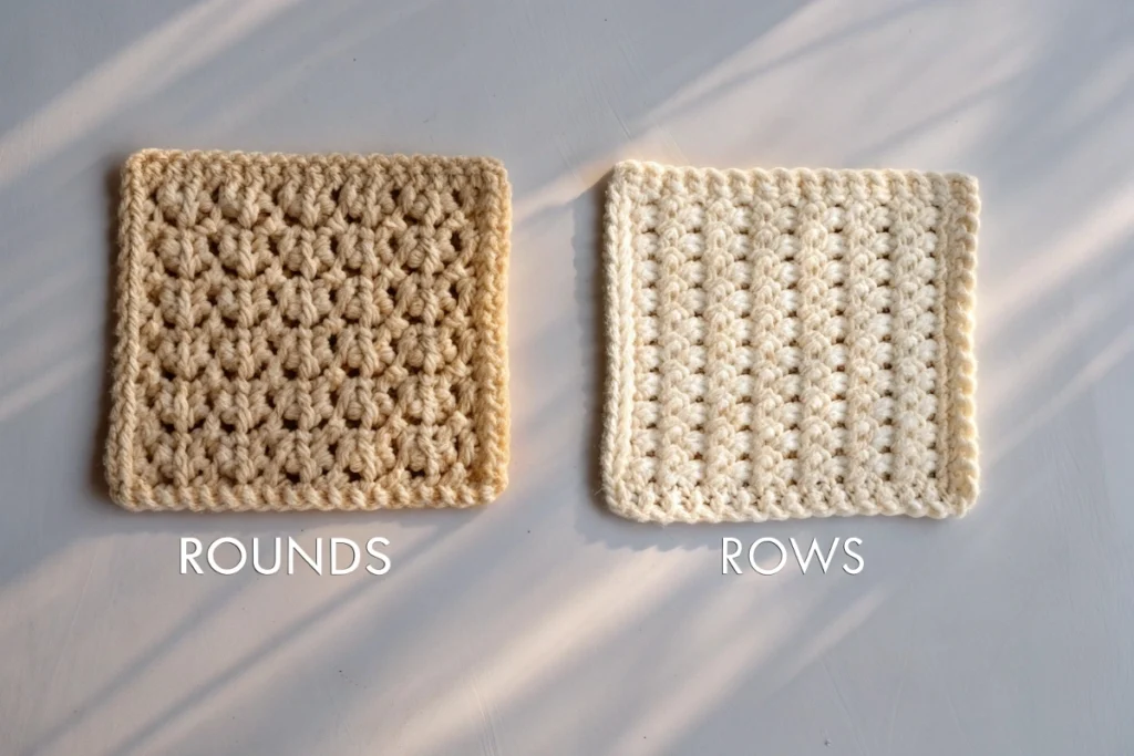 Visual comparison of rounds and rows in amigurumi patterns