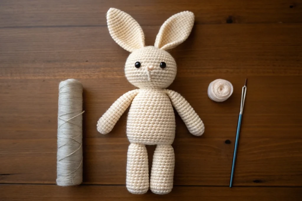 Assembling an amigurumi bunny from individual crocheted parts