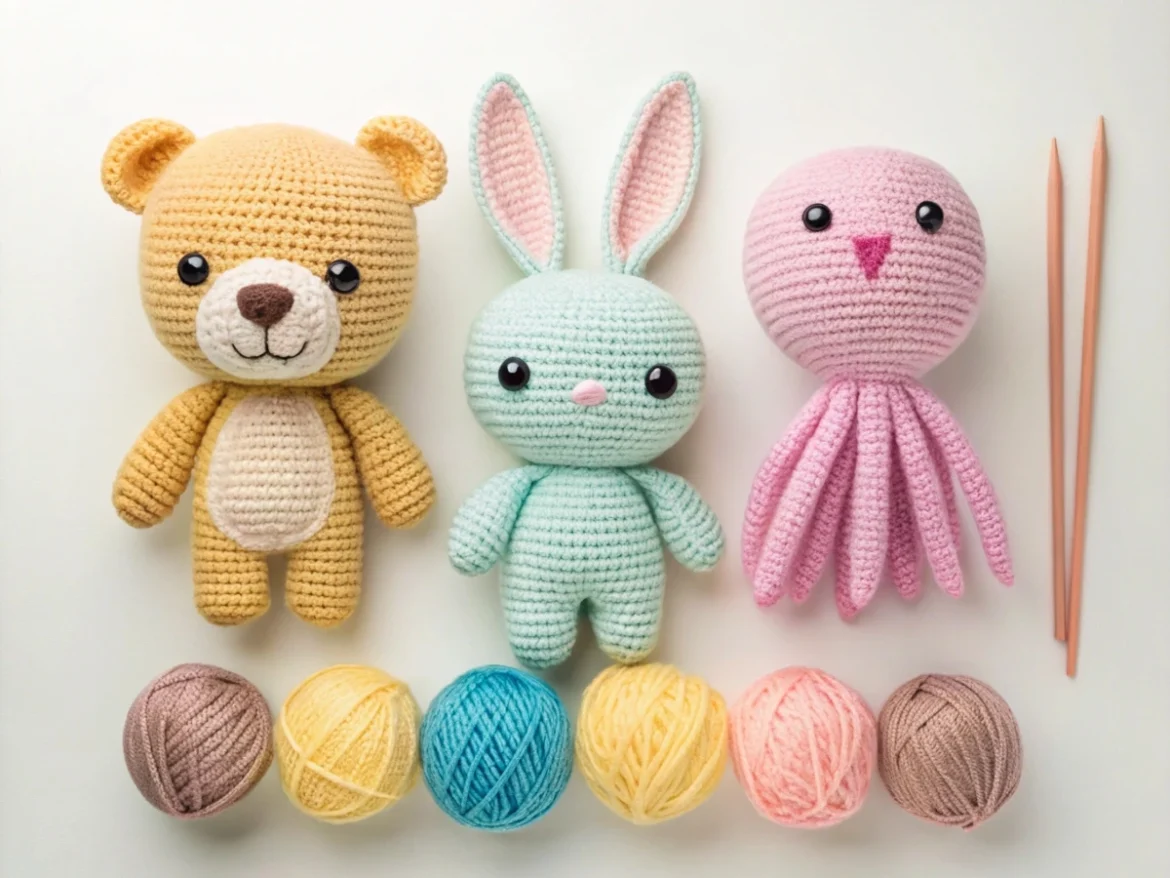 What is Amigurumi? Colorful amigurumi crochet toys including bear, bunny, and octopus with yarn balls