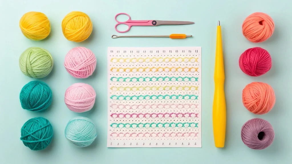 Reading an amigurumi pattern with yarn, hook, and printed crochet instructions