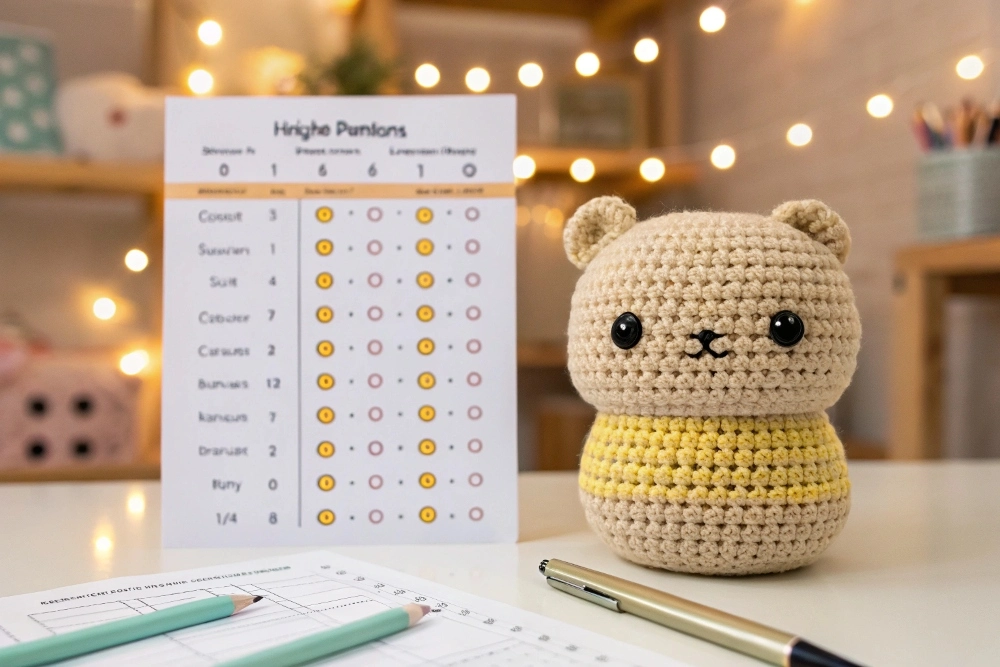 Formatted amigurumi crochet pattern with highlighted abbreviations and notes