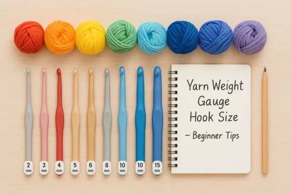 A beginner-friendly visual guide showing yarn types, hook sizes, and gauge setup—perfect for crochet lovers learning how yarn weight gauge hook size work together for accurate and consistent results