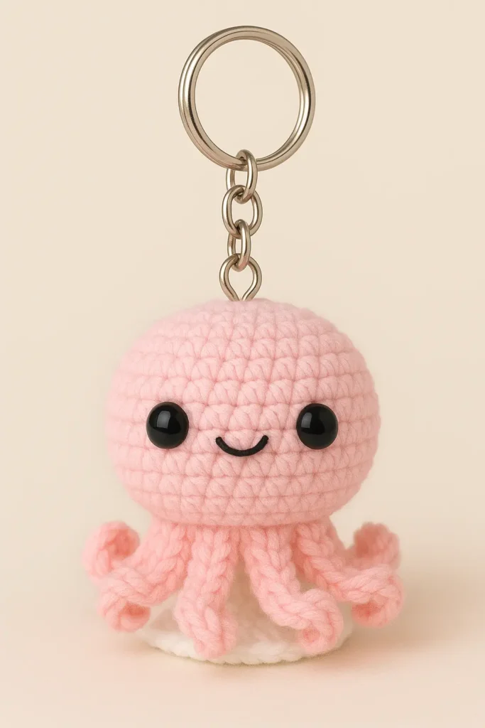 Pink Molly the Octopus keychain with smiling face