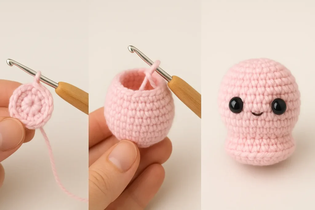 Step-by-step crochet of Molly the Octopus head and body using pink yarn