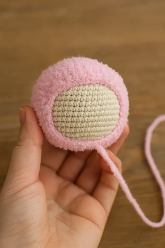 Pink crochet hood over Labubu head