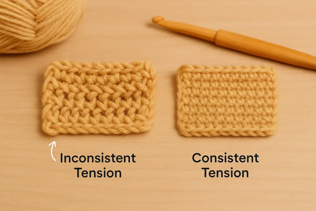 Side-by-side visual comparison of inconsistent vs. consistent tension in amigurumi swatches to highlight stitch size issues.