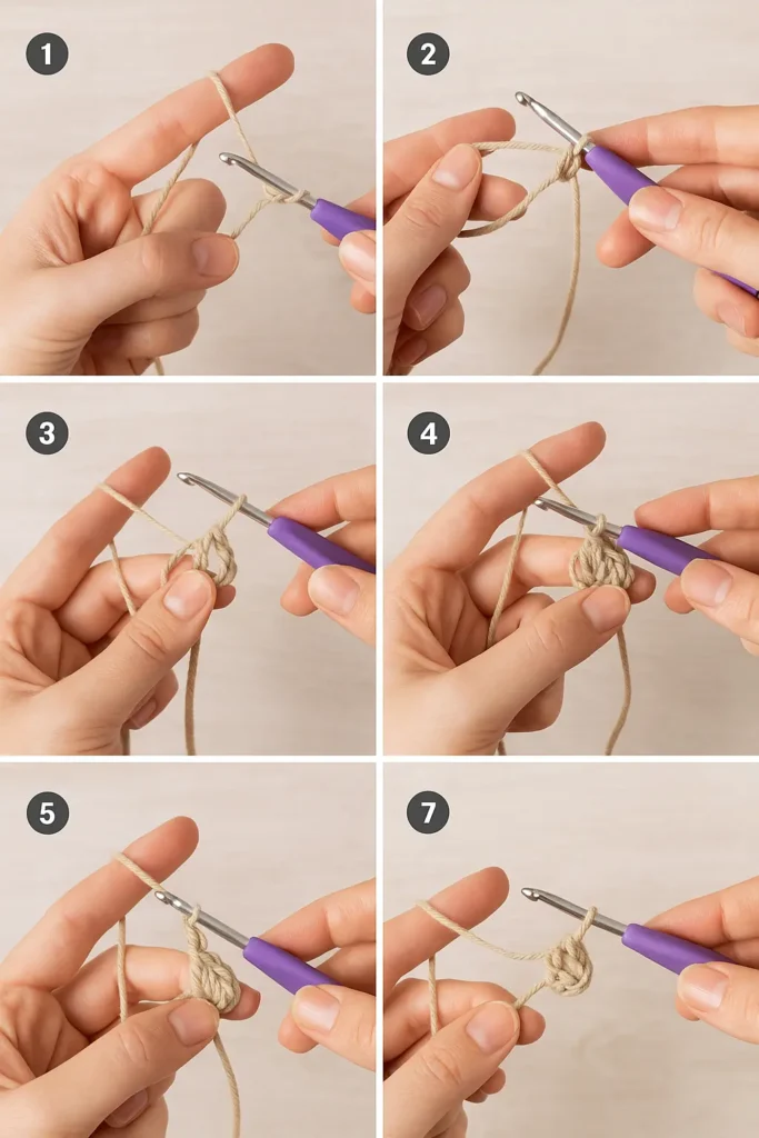 A close-up visual guide showing the magic ring technique step-by-step—a must-learn for tight, hole-free amigurumi starts.