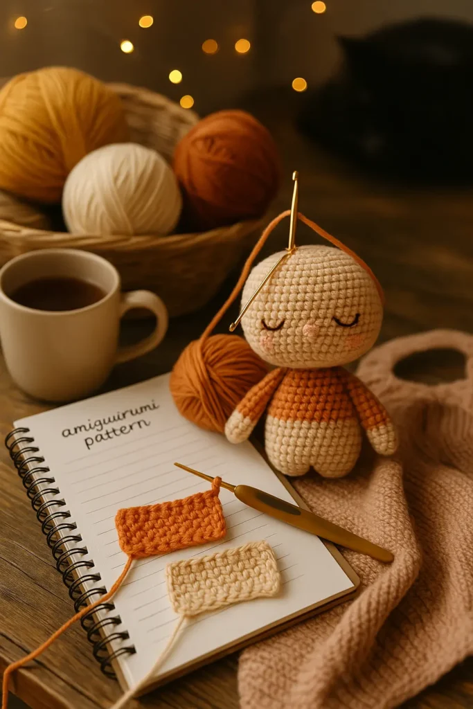 A cozy, inspirational crochet setup encouraging beginners to embrace the journey of learning through mistakes.