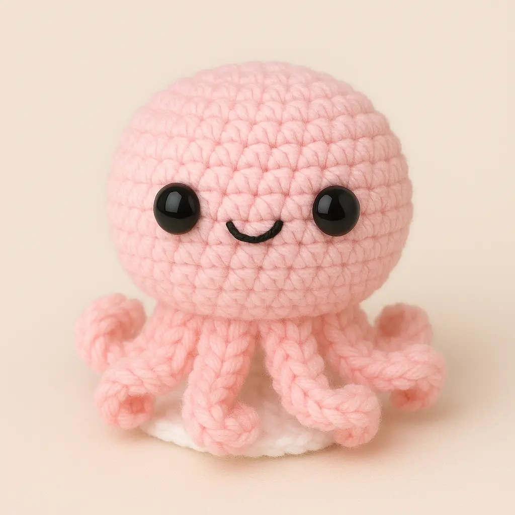 White crochet circle attached to the bottom of a pink amigurumi octopus