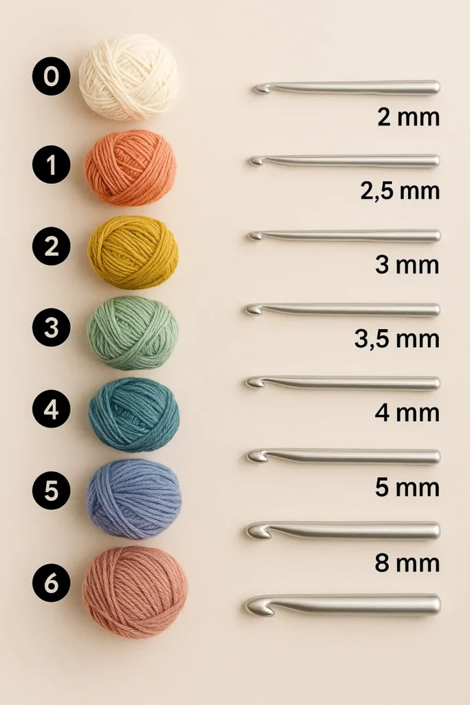 Visual display of different yarn weights and matching crochet hook sizes helping beginners see the impact of their material choices on amigurumi structure.