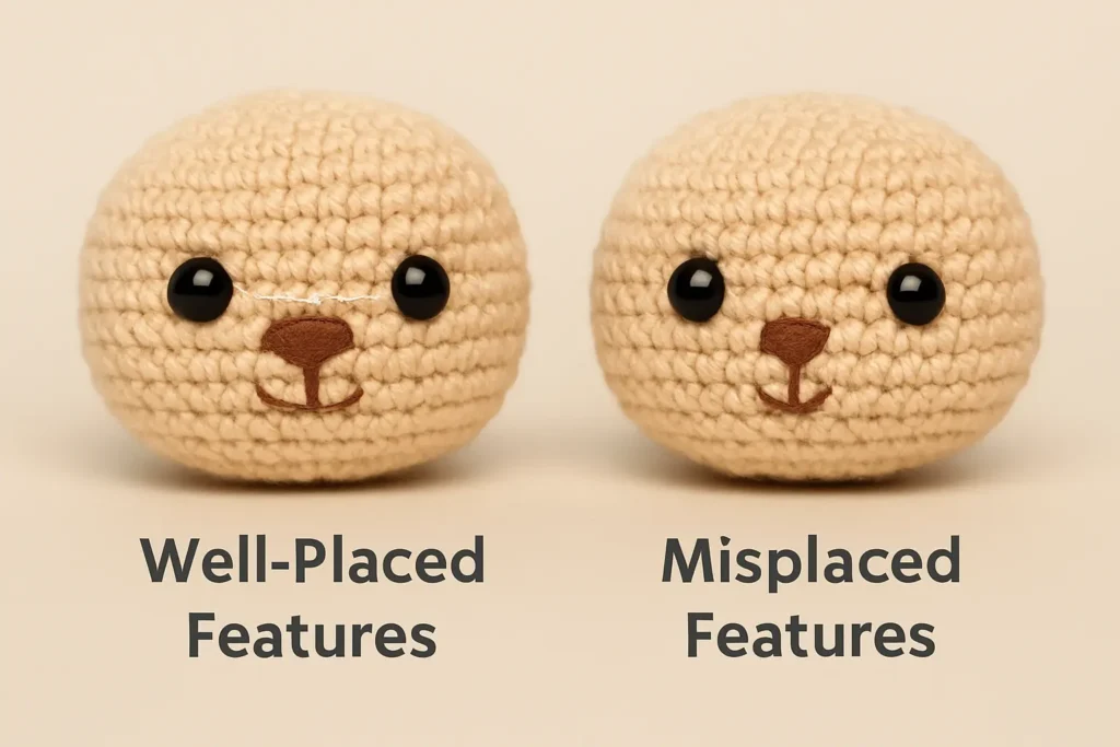 Visual comparison showing correct vs. incorrect placement of eyes and facial features in amigurumi—perfect for understanding symmetry.