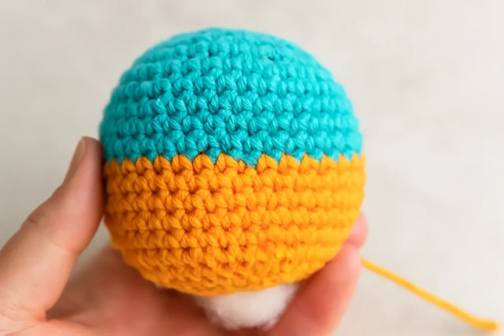 Close-up of an amigurumi toy with hidden yarn change