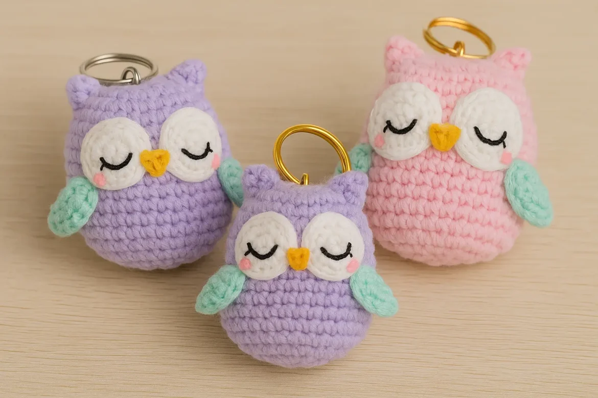 Three crochet owls from free amigurumi owl pattern in lavender and pink