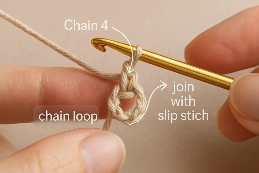 Demonstrating how to start a crochet project with a chain circle