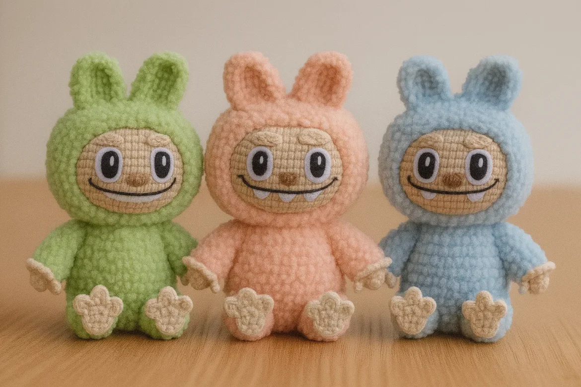 Free crochet Labubu pattern pink doll with tools