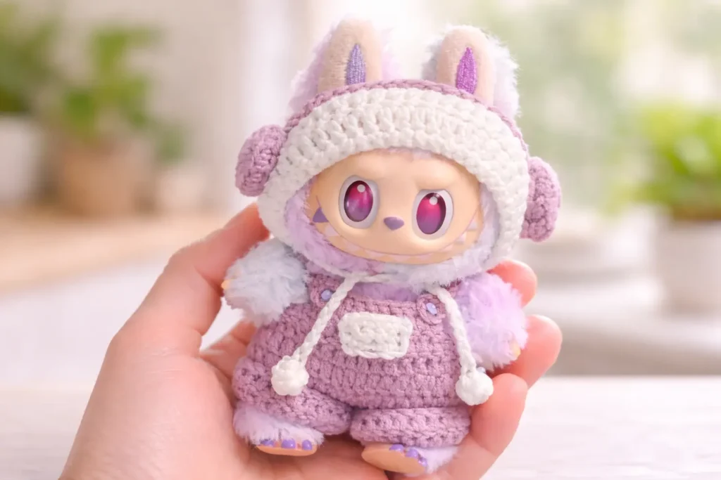 Labubu clothes crochet pattern hood hat, earmuffs, and overalls