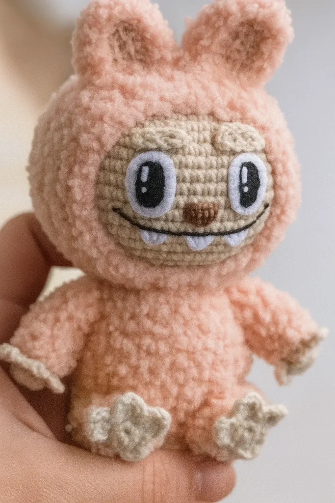 Finished pink Labubu crochet doll made from our free crochet Labubu pattern.