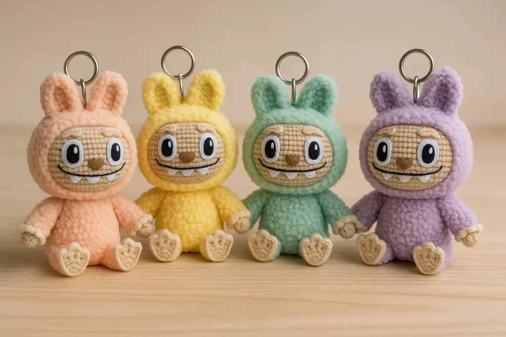 Multi-colored crochet Labubu dolls with accessories
