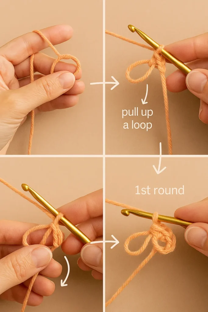 Step-by-step tutorial showing how to crochet a magic ring