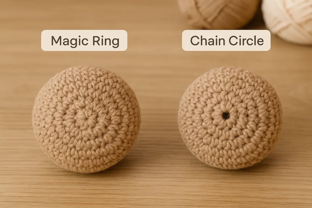 Amigurumi ball made with magic ring next to one made with chain circle