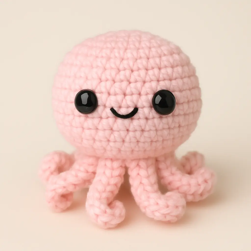 Crocheting curly tentacles with light pink yarn for Molly the Octopus