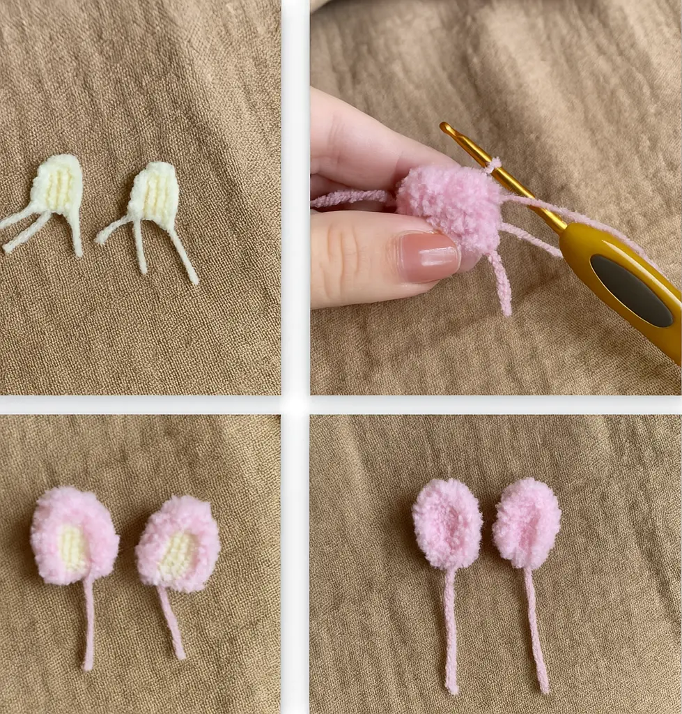 Labubu ears layered in pink and beige crochet