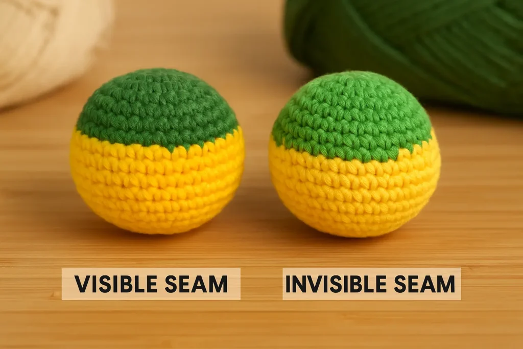 Side-by-side of visible and invisible color joins in amigurumi