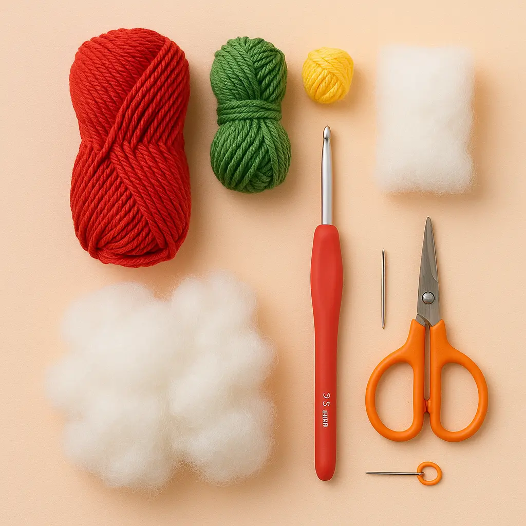 Flat lay of red, green, and yellow yarn, 3.0 mm crochet hook, scissors, tapestry needle, and fiberfill on a pastel background.
