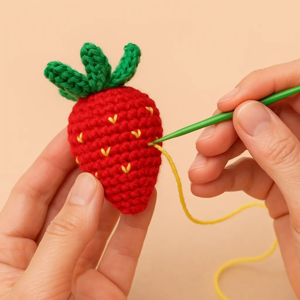Hands using yellow yarn to embroider small seed details on a red crochet strawberry.