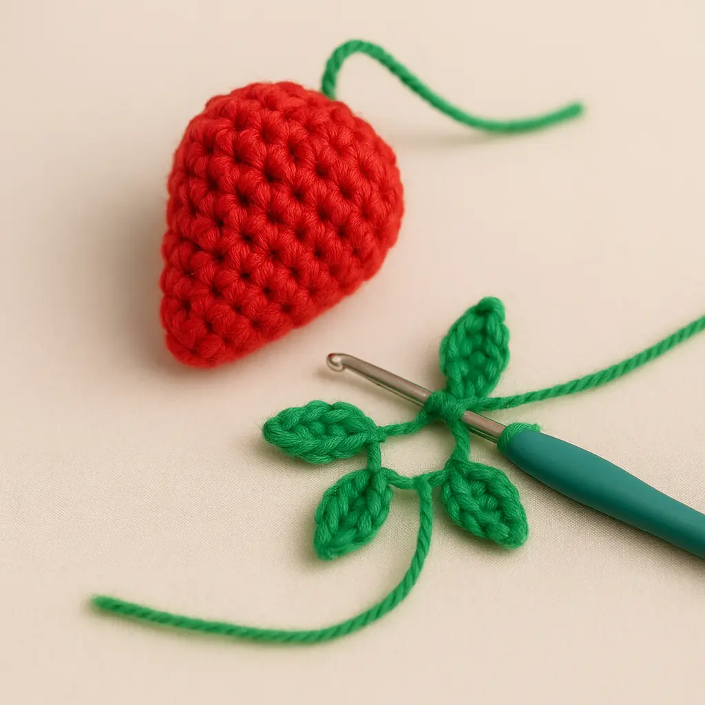 Set of five crochet leaves made from green yarn before attaching to the strawberry body.
