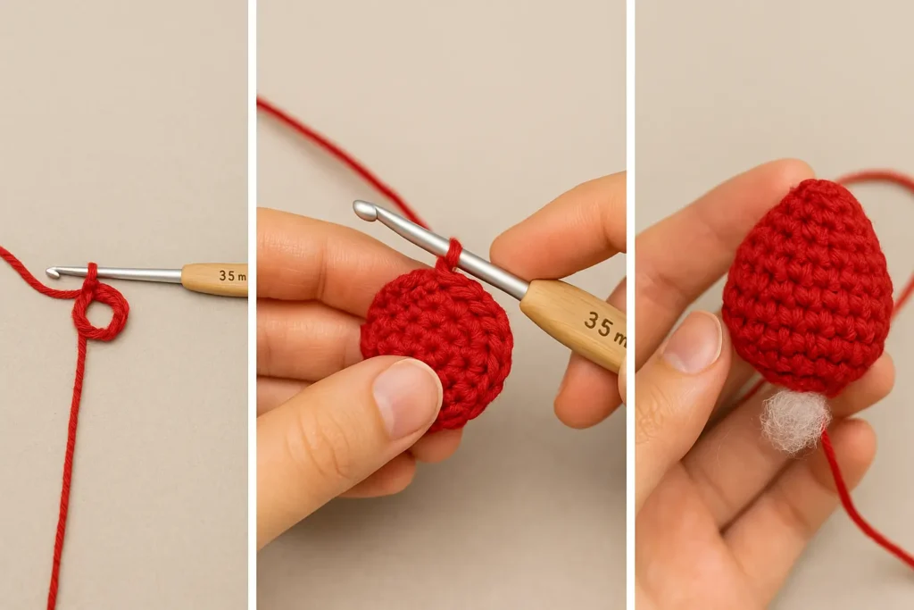 Three-stage photo of crochet strawberry body: magic ring start, mid-progress with red yarn, and stuffed body before closing.
