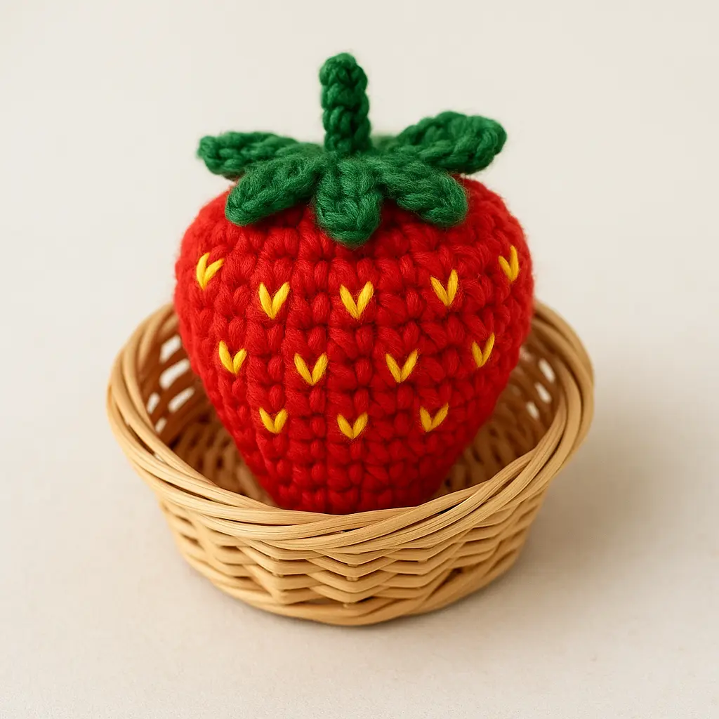 Handmade strawberry crochet pattern with green leaves and yellow seeds resting in a basket.