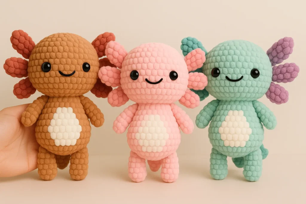 Three colorful crochet axolotl plushies in brown, pink, and green