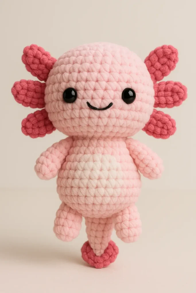 Completed pink axolotl crochet toy with gills and tail fin