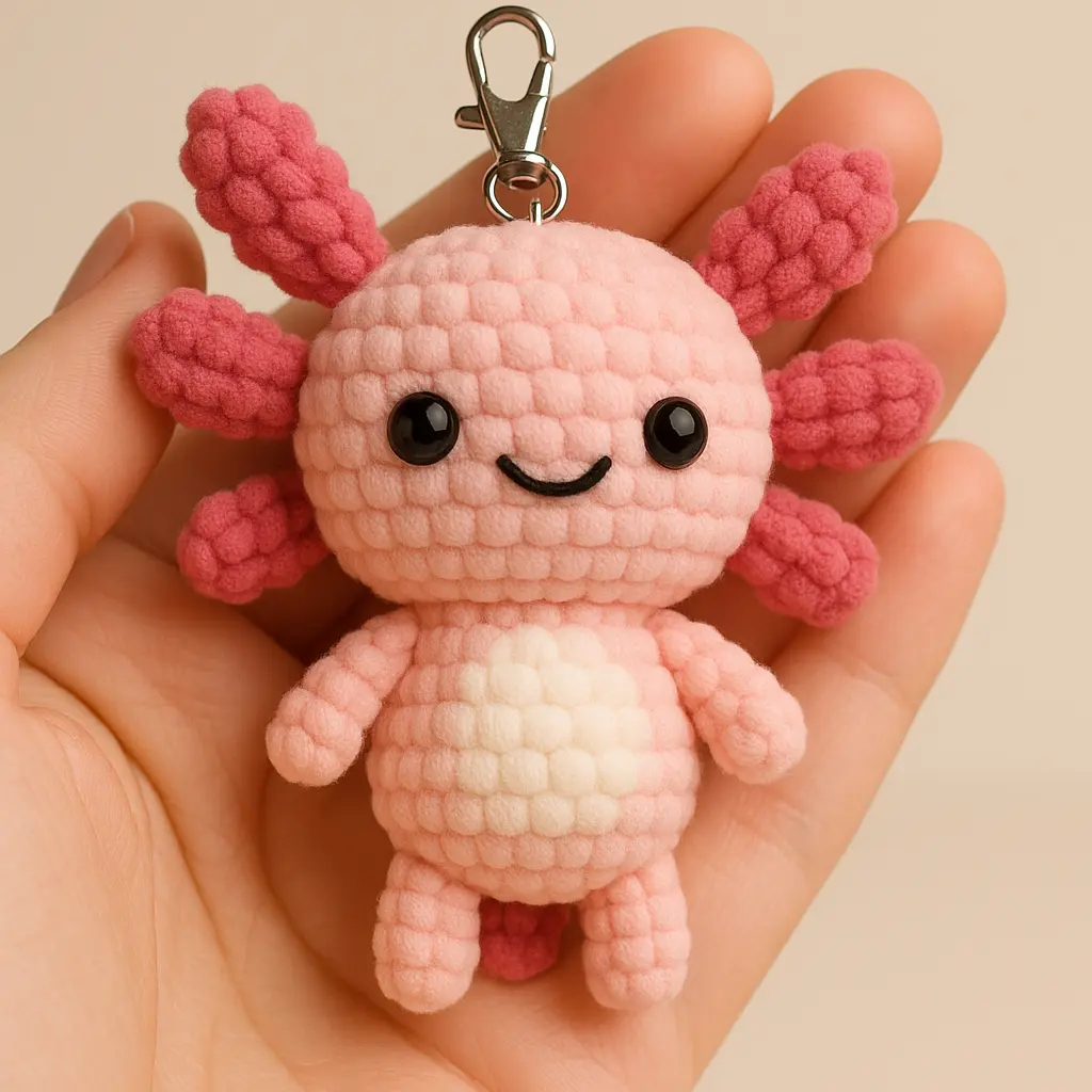 Mini crochet axolotl turned into a keychain