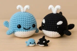 Free whale crochet pattern with blue whale, killer whale, and mini versions