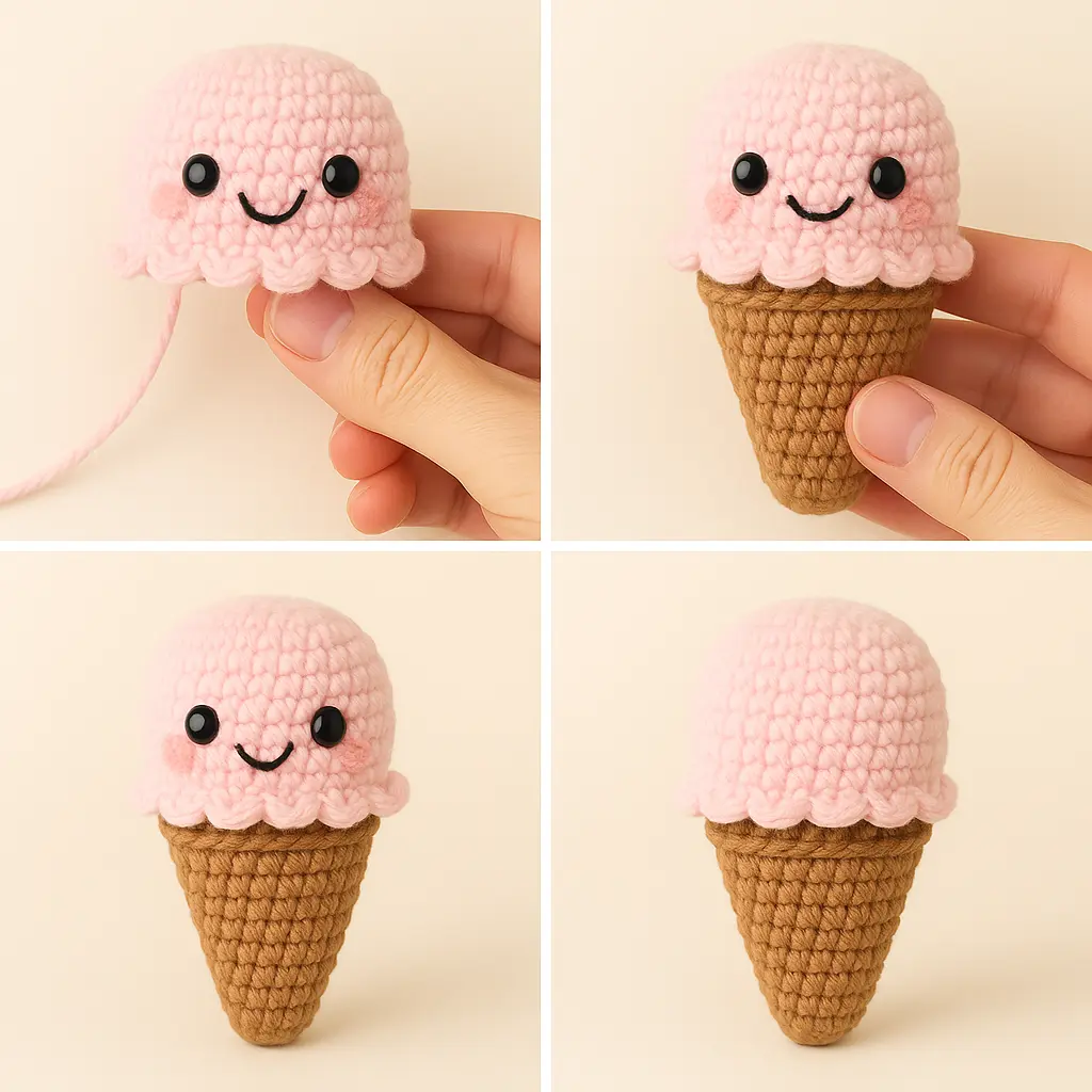 Assembly process for the ice cream cone crochet pattern, attaching the scoop to the amigurumi cone base.