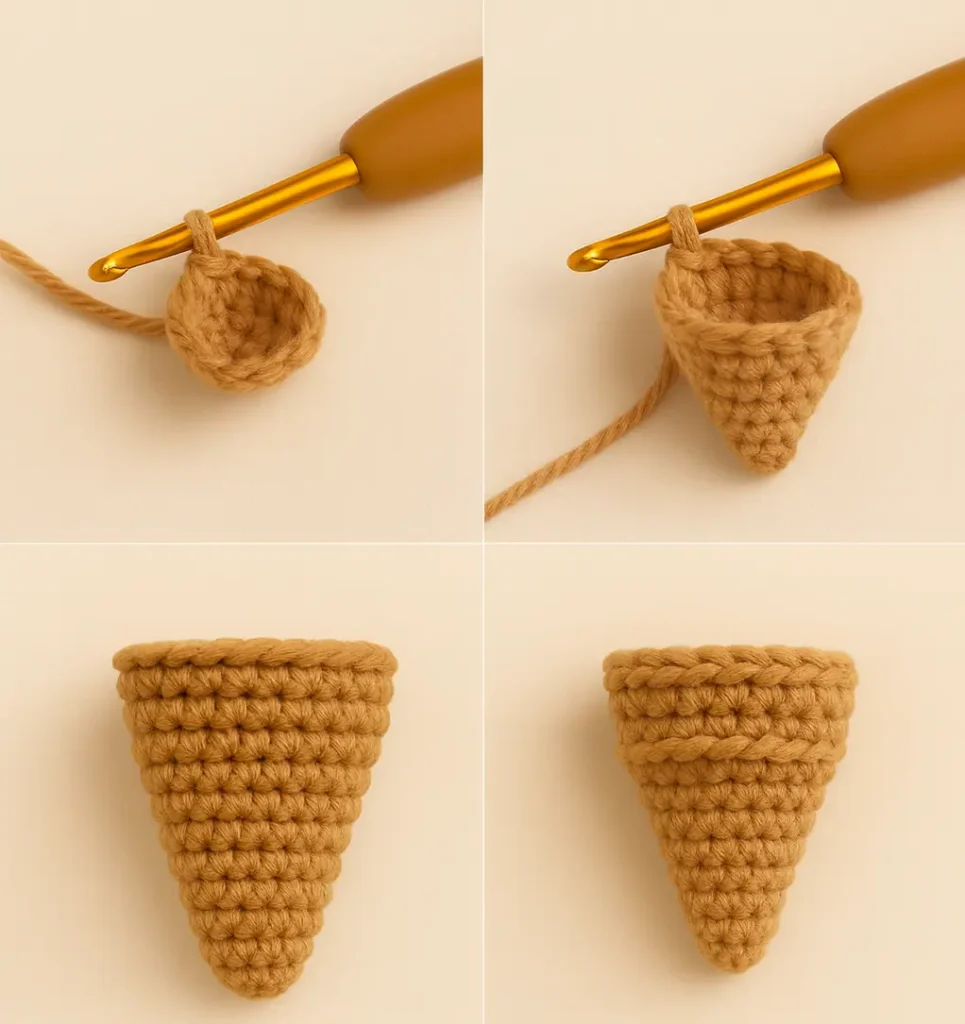 Step-by-step cone tutorial for the ice cream cone crochet pattern, showing the amigurumi base construction from start to finish.