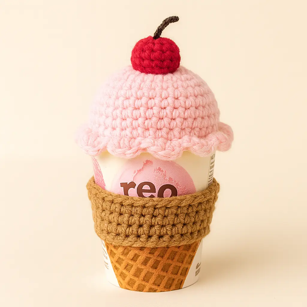 Cozy variation of the ice cream cone crochet pattern turned into a practical amigurumi ice cream pint cover.