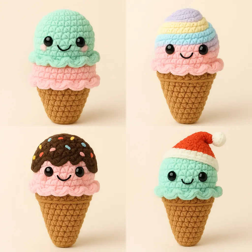 Creative variations of the ice cream cone crochet pattern, featuring amigurumi ice cream cones with rainbow swirls, chocolate tops, and festive colors.