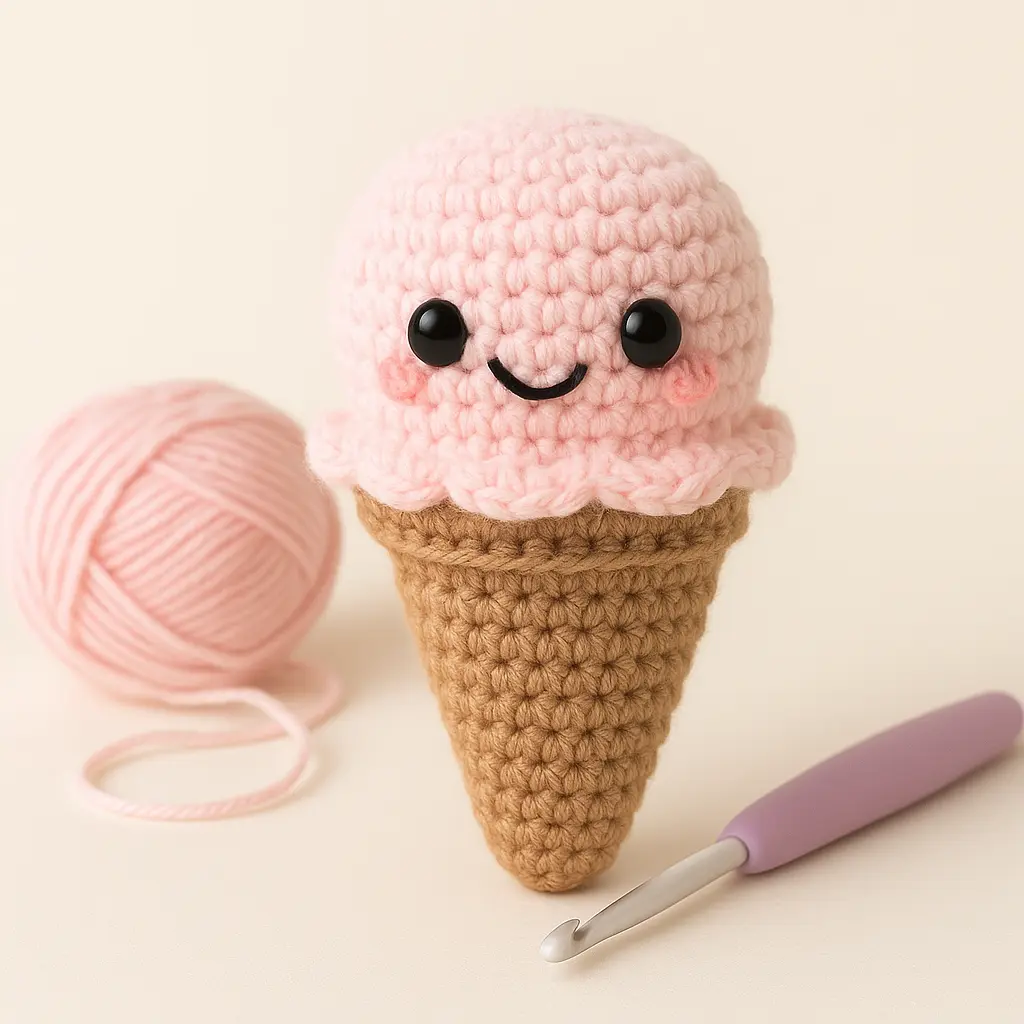 Completed amigurumi ice cream cone crochet pattern with a pink scoop, scalloped edge, and smiling face.