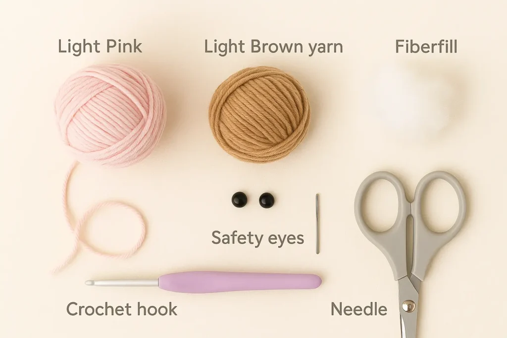 Materials needed for the ice cream cone crochet pattern, including yarn, hook, safety eyes, stuffing, and needle.