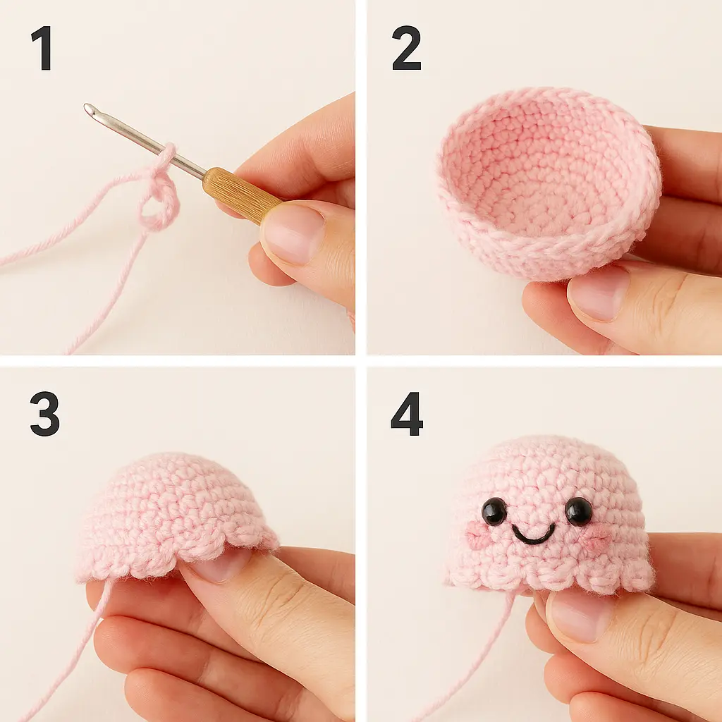 Step-by-step scoop tutorial for the ice cream cone crochet pattern, showing how to crochet the amigurumi ice cream top.
