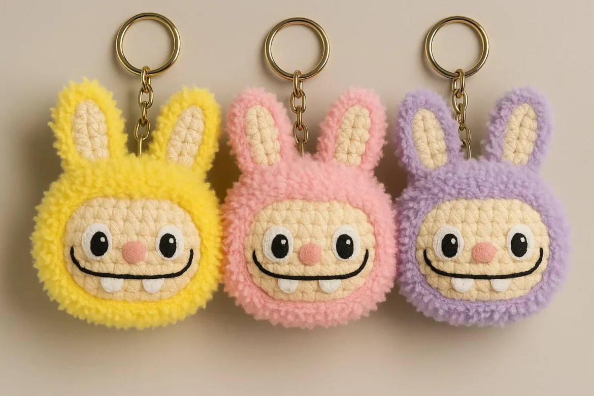 Labubu crochet pattern free keychains in yellow, pink, and purple