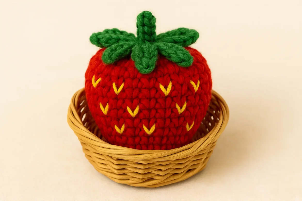 Close-up of a finished crochet strawberry on a neutral background for a free pattern tutorial.