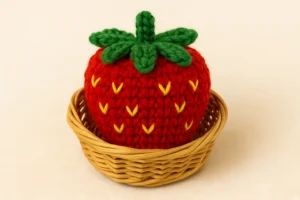 Close-up of a finished crochet strawberry on a neutral background for a free pattern tutorial.